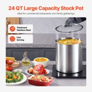 stainless steel stockpot, 24 quart cooking pots, cookware sauce pot with lid, and handle, heavy duty commercial grade stock pot, sanding treatment, for steaming boiling or frying silver