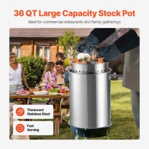 stainless steel stockpot, 36 quart cooking pots, cookware sauce pot with basket, lid, and handle, heavy duty commercial grade stock pot, sanding treatment, for steaming boiling or frying silver