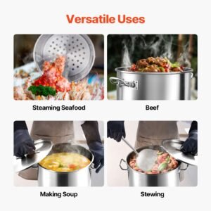 stainless steel stockpot, 36 quart cooking pots, cookware sauce pot with basket, lid, and handle, heavy duty commercial grade stock pot, sanding treatment, for steaming boiling or frying silver