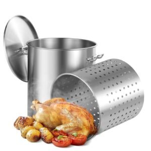 Stainless Steel Stockpot, 54L Large Cooking Pots, Cookware Sauce Pot with Basket, Lid, and Handle, Heavy Duty Commercial Grade Stock Pot, Sanding Treatment, for Large Groups Events Silver