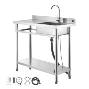 stainless steel utility sink, free standing single bowl commercial kitchen sink with faucet, 39.4 x 19.7 x 37 in, utility left basin with hot & cold water pipe for garage, restaurant, laundry