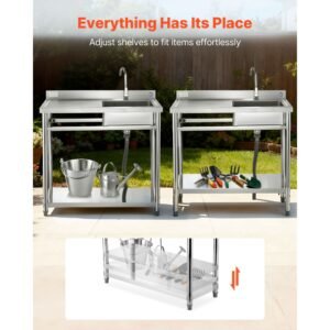 stainless steel utility sink, free standing single bowl commercial kitchen sink with faucet, 39.4 x 19.7 x 37 in, utility left basin with hot & cold water pipe for garage, restaurant, laundry