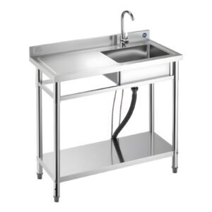 stainless steel utility sink, free standing single bowl commercial kitchen sink with faucet, 39.4 x 19.7 x 37 in, utility left basin with hot & cold water pipe for garage, restaurant, laundry