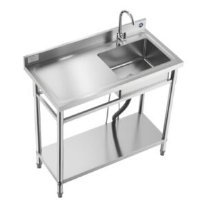 stainless steel utility sink, free standing single bowl commercial kitchen sink with faucet, 39.4 x 19.7 x 37 in, utility left basin with hot & cold water pipe for garage, restaurant, laundry