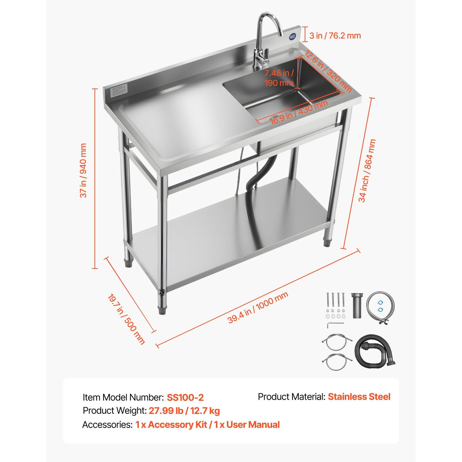 stainless steel utility sink, free standing single bowl commercial kitchen sink with faucet, 39.4 x 19.7 x 37 in, utility left basin with hot & cold water pipe for garage, restaurant, laundry