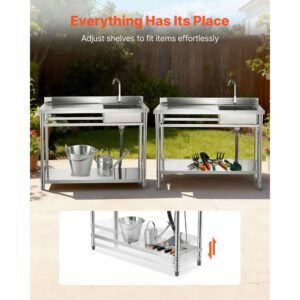 stainless steel utility sink, free standing single bowl commercial kitchen sink with faucet, utility left basin workbench with hot & cold water pipe for garage restaurant laundry, 47x19.7x37 in