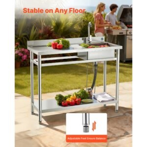 stainless steel utility sink, free standing single bowl commercial kitchen sink with faucet, utility left basin workbench with hot & cold water pipe for garage restaurant laundry, 47x19.7x37 in
