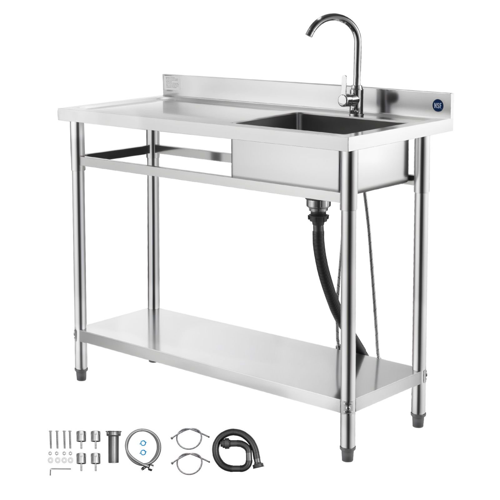 stainless steel utility sink, free standing single bowl commercial kitchen sink with faucet, utility left basin workbench with hot & cold water pipe for garage restaurant laundry, 47x19.7x37 in