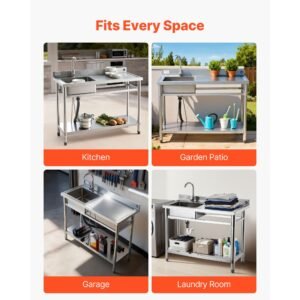 stainless steel utility sink, free standing single bowl commercial kitchen sink with faucet, utility right basin workbench with hot & cold water pipe for garage restaurant laundry, 47x19.7x37 in