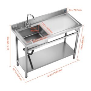stainless steel utility sink, free standing single bowl commercial kitchen sink with faucet, utility right basin workbench with hot & cold water pipe for garage restaurant laundry, 47x19.7x37 in