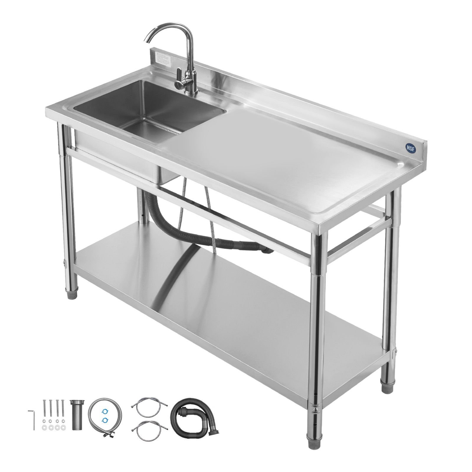 stainless steel utility sink, free standing single bowl commercial kitchen sink with faucet, utility right basin workbench with hot & cold water pipe for garage restaurant laundry, 47x19.7x37 in
