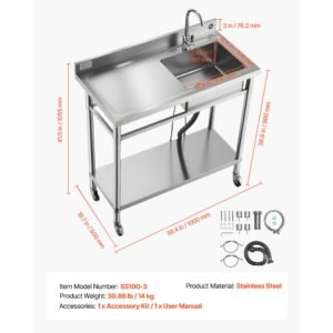 stainless steel utility sink, rolling single bowl commercial kitchen sink with wheels, faucet and hot & cold water pipe, utility basin workbench for garage restaurant laundry 39.4x19.7x41.5in