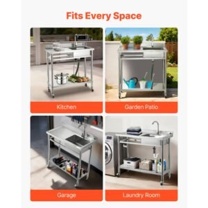 stainless steel utility sink, rolling single bowl commercial kitchen sink with wheels, faucet and hot & cold water pipe, utility basin workbench for garage restaurant laundry 39.4x19.7x41.5in