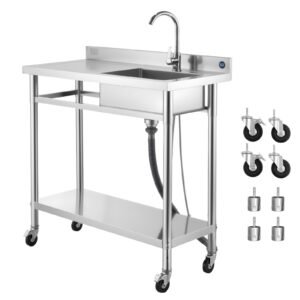stainless steel utility sink, rolling single bowl commercial kitchen sink with wheels, faucet and hot & cold water pipe, utility basin workbench for garage restaurant laundry 39.4x19.7x41.5in