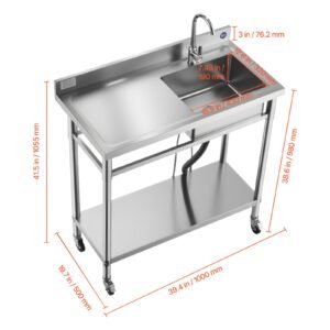 stainless steel utility sink, rolling single bowl commercial kitchen sink with wheels, faucet and hot & cold water pipe, utility basin workbench for garage restaurant laundry 39.4x19.7x41.5in