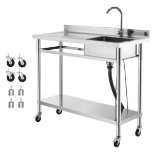 Stainless Steel Utility Sink, Rolling Single Bowl Commercial Kitchen Sink with Wheels, Faucet and Hot & Cold Water Pipe, Utility Basin Workbench for Restaurant Laundry 47.2 x 19.7 x 41.5 in