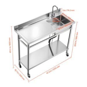 stainless steel utility sink, rolling single bowl commercial kitchen sink with wheels, faucet and hot & cold water pipe, utility basin workbench for restaurant laundry 47.2 x 19.7 x 41.5 in
