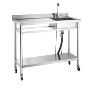 stainless steel utility sink, rolling single bowl commercial kitchen sink with wheels, faucet and hot & cold water pipe, utility basin workbench for restaurant laundry 47.2 x 19.7 x 41.5 in