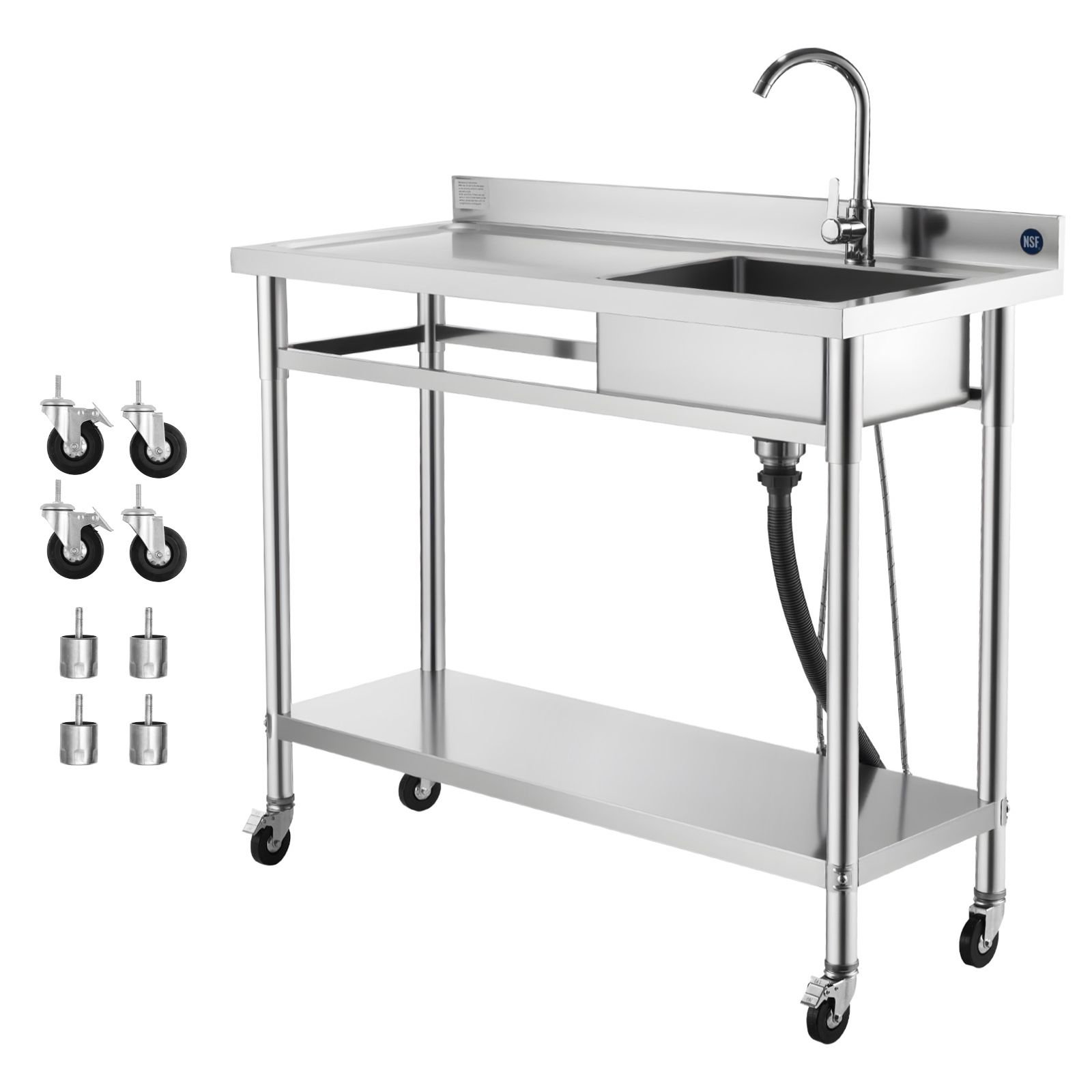 stainless steel utility sink, rolling single bowl commercial kitchen sink with wheels, faucet and hot & cold water pipe, utility basin workbench for restaurant laundry 47.2 x 19.7 x 41.5 in