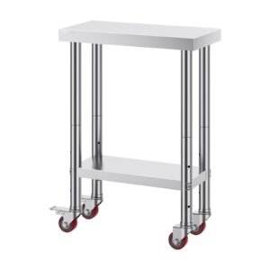 stainless steel work table 12 x 24 x 34 inch, 700 lbs load capacity with 4 wheels, 3 adjustable height levels, heavy duty food prep worktable for commercial kitchen restaurant, silver