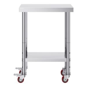 stainless steel work table 12 x 24 x 34 inch, 700 lbs load capacity with 4 wheels, 3 adjustable height levels, heavy duty food prep worktable for commercial kitchen restaurant, silver