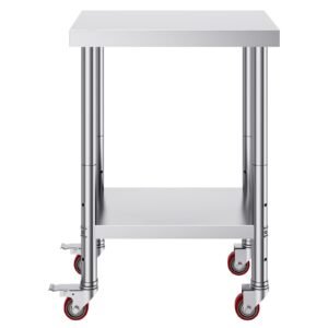 stainless steel work table 24 x 18 x 34 inch, 700 lbs load capacity with 4 wheels, 3 adjustable height levels, heavy duty food prep worktable for commercial kitchen restaurant, silver