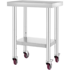 stainless steel work table 24 x 18 x 34 inch, 700 lbs load capacity with 4 wheels, 3 adjustable height levels, heavy duty food prep worktable for commercial kitchen restaurant, silver