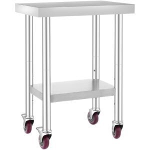 stainless steel work table 24 x 18 x 34 inch, 700 lbs load capacity with 4 wheels, 3 adjustable height levels, heavy duty food prep worktable for commercial kitchen restaurant, silver