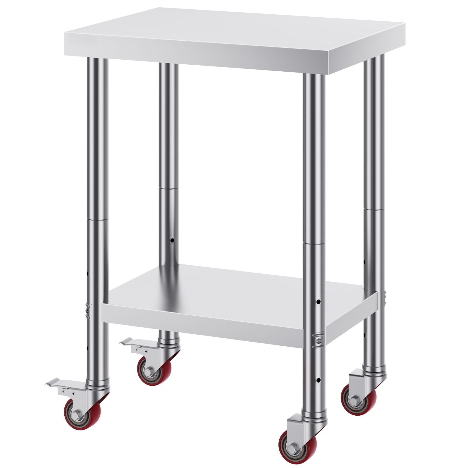 stainless steel work table 24 x 18 x 34 inch, 700 lbs load capacity with 4 wheels, 3 adjustable height levels, heavy duty food prep worktable for commercial kitchen restaurant, silver