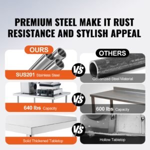 stainless steel work table 24 x 18 x 38 inch, with 4 wheels, 3 adjustable height levels, heavy duty food prep worktable for commercial kitchen restaurant, silver