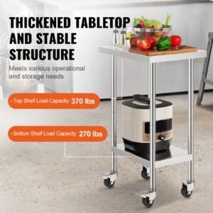 stainless steel work table 24 x 18 x 38 inch, with 4 wheels, 3 adjustable height levels, heavy duty food prep worktable for commercial kitchen restaurant, silver