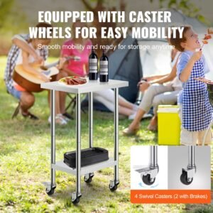stainless steel work table 24 x 18 x 38 inch, with 4 wheels, 3 adjustable height levels, heavy duty food prep worktable for commercial kitchen restaurant, silver