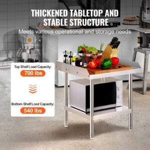 stainless steel work table, 24 x 24 x 26 inch commercial food prep worktable, 3 sided backsplash heavy duty prep worktable, metal work table with adjustable height for restaurant home hotel
