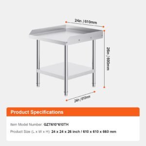 stainless steel work table, 24 x 24 x 26 inch commercial food prep worktable, 3 sided backsplash heavy duty prep worktable, metal work table with adjustable height for restaurant home hotel
