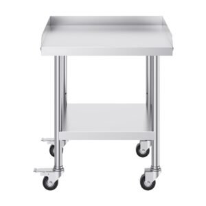 stainless steel work table, 24 x 24 x 30 inch commercial food prep worktable with 4 wheels, casters, 3 sided backsplash heavy duty prep worktable, metal work table for restaurant home hotel