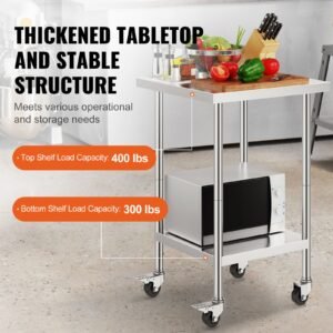 stainless steel work table 24 x 24 x 38 inch, 700 lbs load capacity with 4 wheels, 3 adjustable height levels, heavy duty food prep worktable for commercial kitchen restaurant, silver