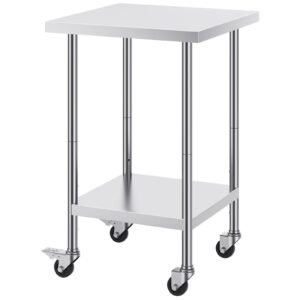 Stainless Steel Work Table 24 x 24 x 38 Inch, 700 LBS Load Capacity with 4 Wheels, 3 Adjustable Height Levels, Heavy Duty Food Prep Worktable for Commercial Kitchen Restaurant, Silver