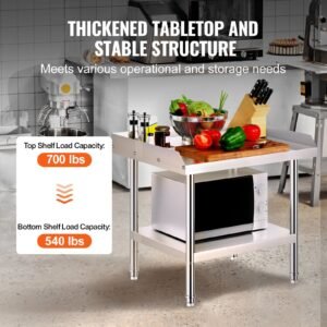 stainless steel work table, 24 x 28 x 26 inch commercial food prep worktable, 3 sided backsplash heavy duty prep worktable, metal work table with adjustable height for restaurant home hotel