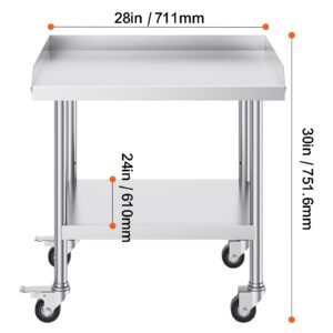 stainless steel work table, 24 x 28 x 30 inch commercial food prep worktable with 4 wheels, casters, 3 sided backsplash heavy duty prep worktable, metal work table for restaurant home hotel