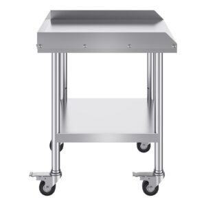 stainless steel work table, 24 x 28 x 30 inch commercial food prep worktable with 4 wheels, casters, 3 sided backsplash heavy duty prep worktable, metal work table for restaurant home hotel