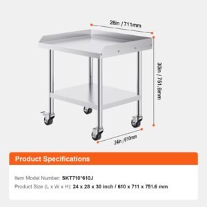 stainless steel work table, 24 x 28 x 30 inch commercial food prep worktable with 4 wheels, casters, 3 sided backsplash heavy duty prep worktable, metal work table for restaurant home hotel