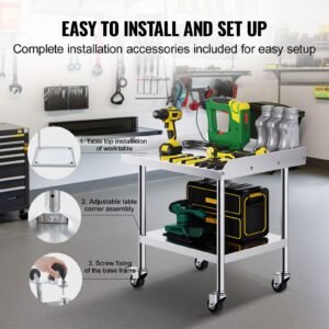 stainless steel work table, 24 x 28 x 30 inch commercial food prep worktable with 4 wheels, casters, 3 sided backsplash heavy duty prep worktable, metal work table for restaurant home hotel