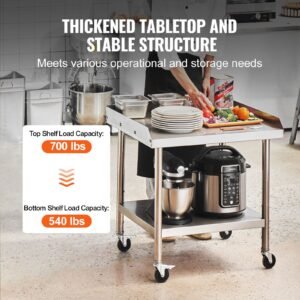 stainless steel work table, 24 x 28 x 30 inch commercial food prep worktable with 4 wheels, casters, 3 sided backsplash heavy duty prep worktable, metal work table for restaurant home hotel
