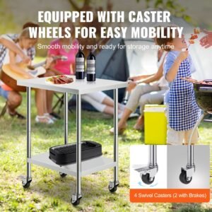 stainless steel work table 24 x 30 x 38 inch, with 4 wheels, 3 adjustable height levels, heavy duty food prep worktable for commercial kitchen restaurant, silver
