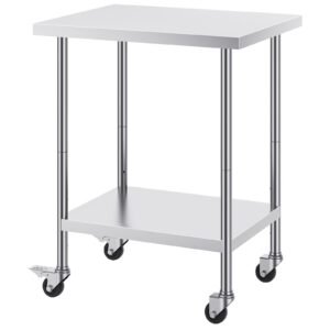 Stainless Steel Work Table 24 x 30 x 38 Inch, with 4 Wheels, 3 Adjustable Height Levels, Heavy Duty Food Prep Worktable for Commercial Kitchen Restaurant, Silver