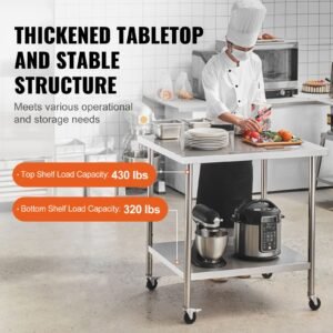 stainless steel work table 24 x 36 x 38 inch, with 4 wheels, 3 adjustable height levels, heavy duty food prep worktable for commercial kitchen restaurant, silver