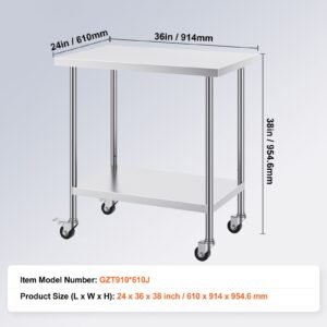 stainless steel work table 24 x 36 x 38 inch, with 4 wheels, 3 adjustable height levels, heavy duty food prep worktable for commercial kitchen restaurant, silver