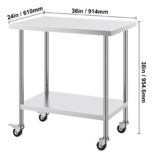 stainless steel work table 24 x 36 x 38 inch, with 4 wheels, 3 adjustable height levels, heavy duty food prep worktable for commercial kitchen restaurant, silver