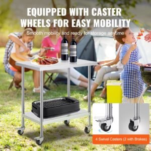 stainless steel work table 24 x 36 x 38 inch, with 4 wheels, 3 adjustable height levels, heavy duty food prep worktable for commercial kitchen restaurant, silver