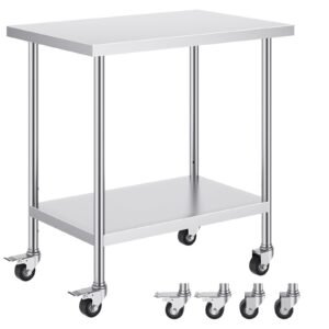 stainless steel work table 24 x 36 x 38 inch, with 4 wheels, 3 adjustable height levels, heavy duty food prep worktable for commercial kitchen restaurant, silver